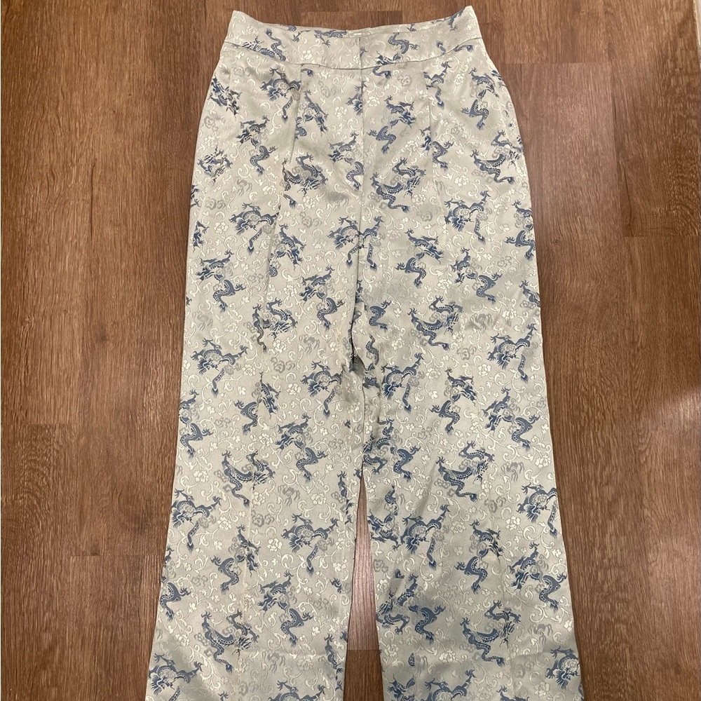 Women’s Dragon & Rose Light Green & Blue Patterned Pants High Waist Wide Leg - Picture 6 of 12